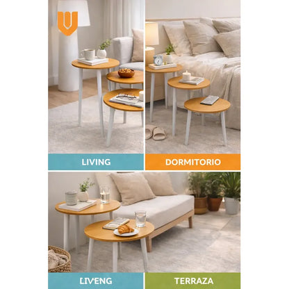 Set 3 Mesas Centro Redondas Bambu Diametro 40cm Altura 57cm Bambú