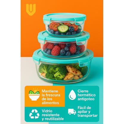 Set 3 Tupper De Vidrio Taper Hermetico Contenedor De Vidrio