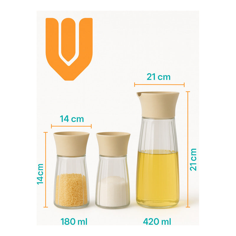 Set Dispensador Cocina Vidrio Aceite Vinagre Sal Pimienta Especiero