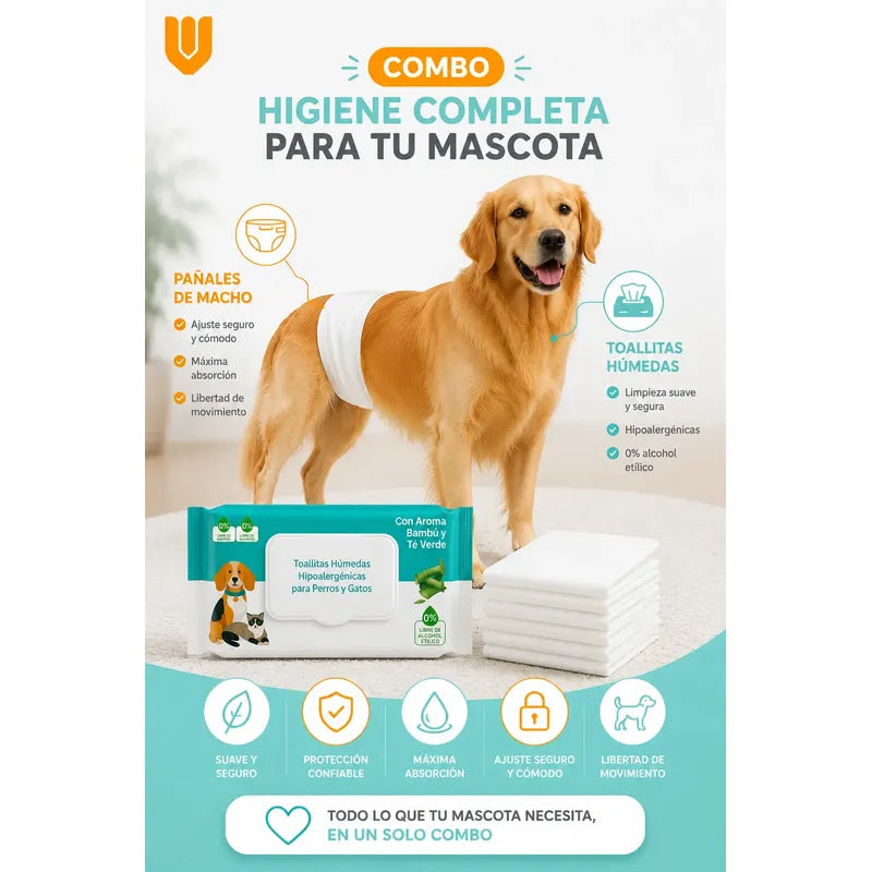 Combo Toallas Humedas 50und + Pañales Perro Macho M 12und Blanco Principal Combo Higiene Mascota Pañales Absorbentes Toallas Húmedas Perro Gato Limpieza Diaria Presentación Clara M