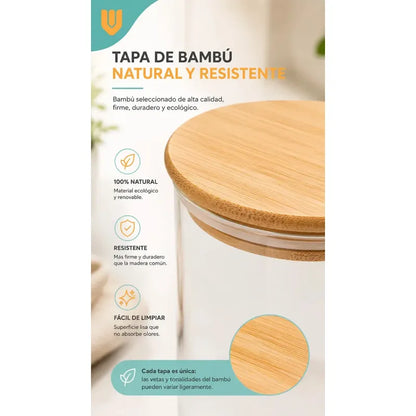 Frasco Hermético Contenedor Vidrio Tapa Bambu Gourmet 200 Ml 3 Unidades