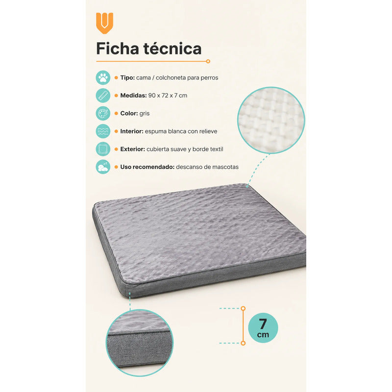 Cama Mascotas Perros Acolchada Resistente Lavable 90x72cm Color Gris