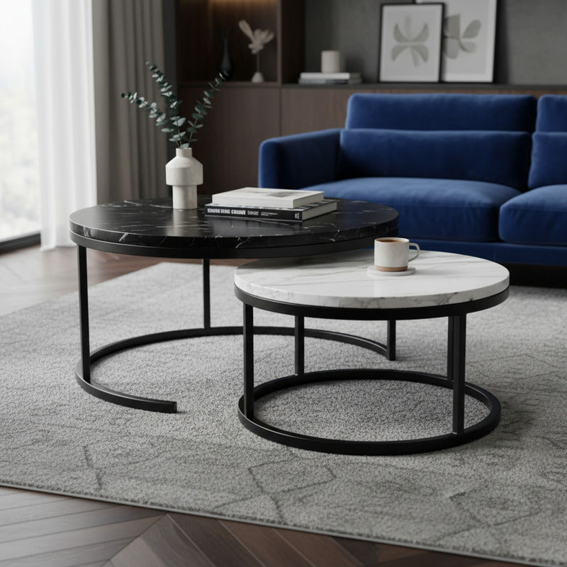 Mesa Centro Redonda Anidada Set 2 Mesas Auxiliares Madera