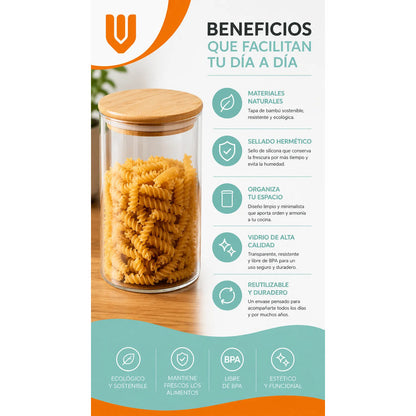 Frasco Vidrio Hermetico Bambu Conservero Hogar Cocina 500 Ml 3 Unidades Transparente Natural Bambú Cristal Claro Minimalista Cocina Gourmet Organizacion Moderna Elegante Premium