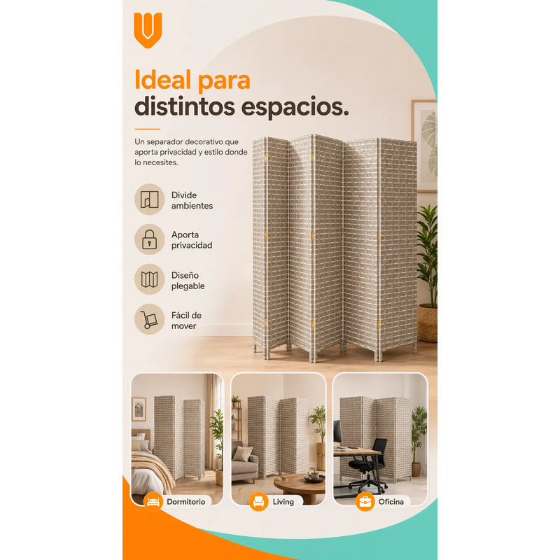 Biombo Separador Plegable Living Dormitorio Oficina 180 Cm Tejido Geométrico Trenzado Natural Líneas Horizontales Paneles Plegables Decoración Moderna Interior Elegante Premium Beige Arena Gris...