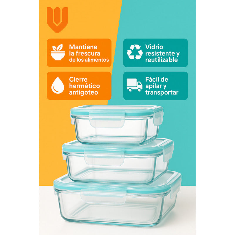 Set 3 Taper Hermético Vidrio Contenedor Cocina Alimentos