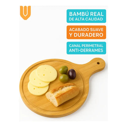 4 Tabla Bambu Redonda Picoteo Pizza Servir 32x45cm Canaleta Tabla Redonda Bambú