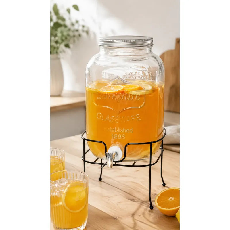 Dispensador Bebida Canilla Mesa Buffet Bar Jugo Fiesta 5lts Transparente Vidrio Cristal Claro Base Acero Cromado Grifo Metálico Negro Plateado Bebidas Jugos Eventos Buffet Mesa Bar