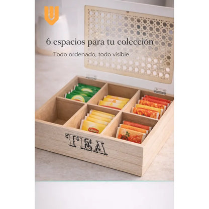 Caja Te Premium Madera Maciza Compartimentos Gourmet Cocina Tono Madera Oscura Natural Acabado Elegante Estilo Nordico Moderno Decorativo Vetas Visibles Premium Cocina Hogar Estetica Calida