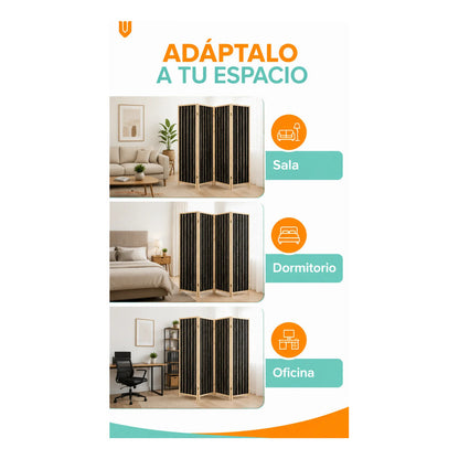 Biombo Separador Ambiente Madera Ratan 4 Paneles 180cm Biombo Ratán Negro Beige 4 Paneles Biombo Ratan Plegable 4 Paneles 180... 180cm