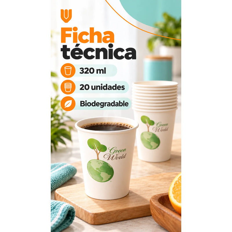 20und Vasos Carton Desechables 320ml Cafe Compostables Jugo Blanco Desechables Biodegradables 320 Ml 20 Unidades Blanco Estampado Verde Árbol Globo Terráqueo Apilables 20und-320ml