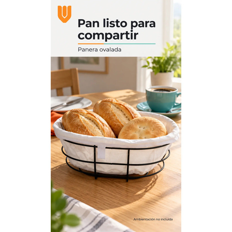 Panera Canasto Tela Ovalada 29cm Base Metal Servir Pan Blanco Panera Ovalada Canasta Pan Tela Metal Negro Borde Plegado Base... 29cm