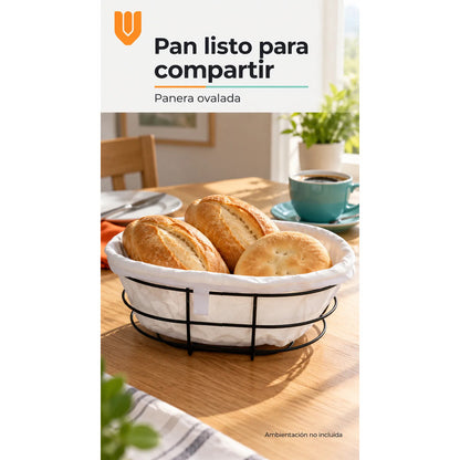 Panera Canasto Tela Ovalada 29cm Base Metal Servir Pan Blanco Panera Ovalada Canasta Pan Tela Metal Negro Borde Plegado Base... 29cm