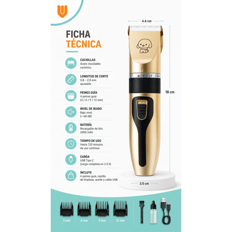 Maquina Peluquera Profesional Corta Pelo Mascotas Perro Gato Negro Dorado Acabado Brillante Rasuradora Mascotas Geemy Gm6063 Cuerpo Oscuro Detalles Oro Peines Tijera Lima Kit Cortes