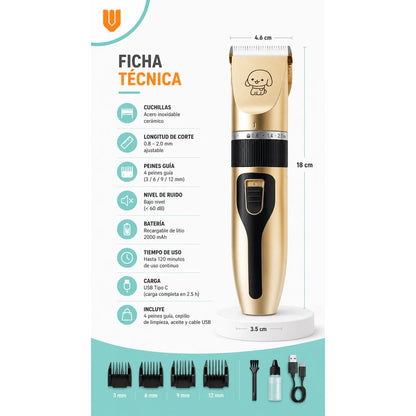 Maquina Peluquera Profesional Corta Pelo Mascotas Perro Gato Negro Dorado Acabado Brillante Rasuradora Mascotas Geemy Gm6063 Cuerpo Oscuro Detalles Oro Peines Tijera Lima Kit Cortes