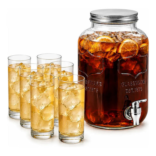 Dispensador Jugo Agua 8l + Set 6 Vasos Vidrio Bebidas Jarra Multicolor Transparente Vidrio Brillante Alta Claridad Tonos Bebidas Jugo Limonada Cocktail Decorativo Cocina Terraza