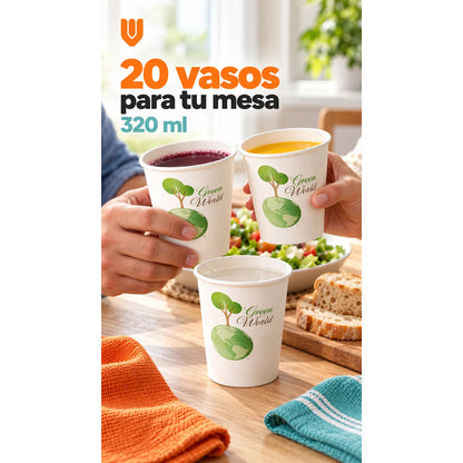 20und Vasos Carton Desechables 320ml Cafe Compostables Jugo Blanco Desechables Biodegradables 320 Ml 20 Unidades Blanco Estampado Verde Árbol Globo Terráqueo Apilables 20und-320ml