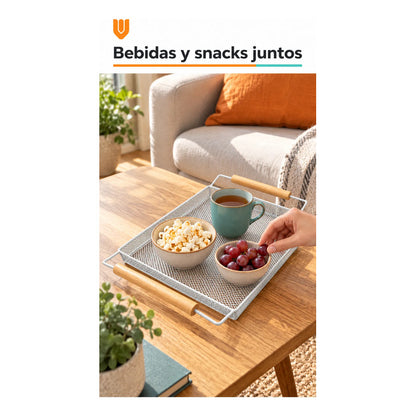 Bandeja Rectangular Metal Blanca Asas Madera Desayuno 44cm Blanco Bandeja Rectangular Malla Metal Asas Madera Base Calada Borde Elevado Servicio Desayuno Once Café Cocina Comedor 44cm-color Blanco