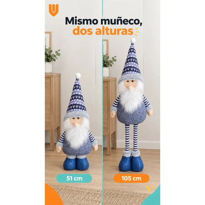 Muñeco Pascuero Navideño 105cm Retraible Decorativo Figura Blanco Pascuero Azul Muñeco Navideño Retráctil Patas Rayadas Altura Ajustable Gorro Nórdico Barba Blanca Decoración 105cm Pascuero Retraible