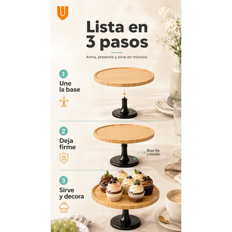 Stand Bambú Redondo Base Torta Pedestal Cupcakes Eventos Bambú Natural Tono Madera Claro Cálido Acabado Ecológico Premium Visible Estilo Nórdico Elegante Fiesta Postres Cupcakes