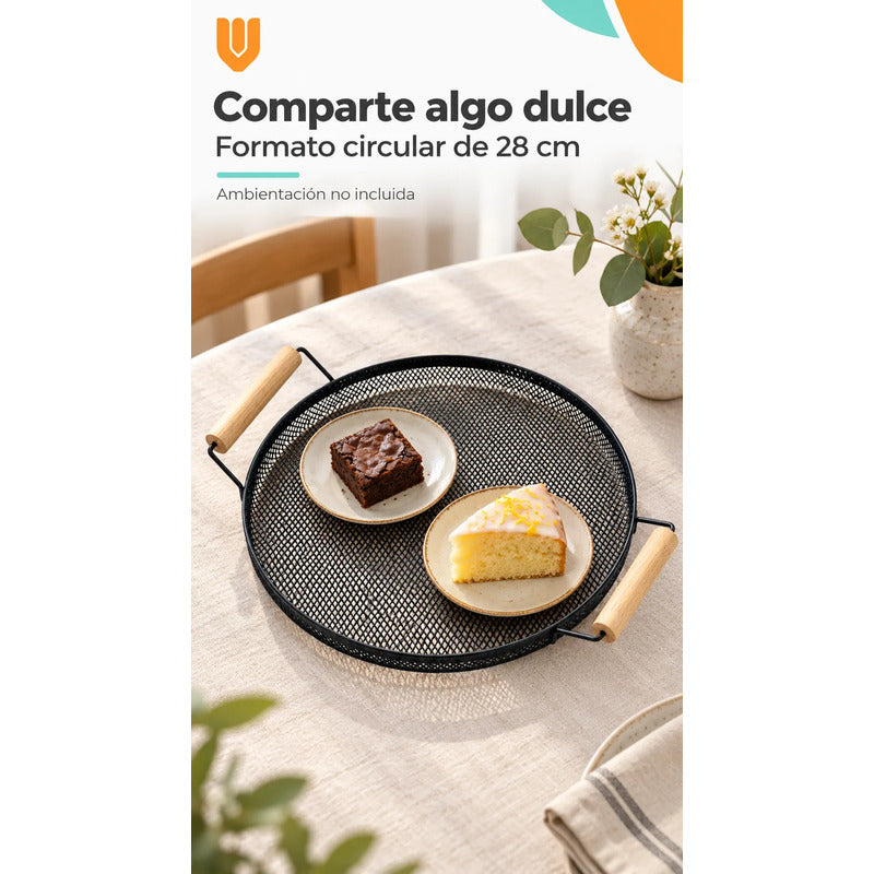 Bandeja Circular Metal Negro Asas Madera Desayuno 28cm Negro Bandeja Circular Redonda Malla Metal Asas Madera Base Calada Borde Bajo Servicio Desayuno Once Café Té Cocina 28cm