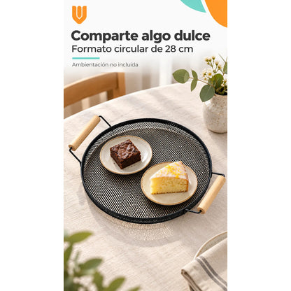 Bandeja Circular Metal Negro Asas Madera Desayuno 28cm Negro Bandeja Circular Redonda Malla Metal Asas Madera Base Calada Borde Bajo Servicio Desayuno Once Café Té Cocina 28cm