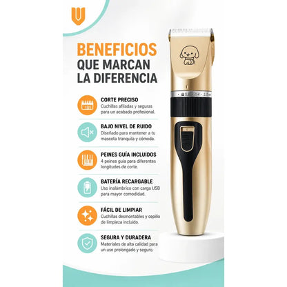 Maquina Peluquera Profesional Corta Pelo Mascotas Perro Gato Negro Dorado Acabado Brillante Rasuradora Mascotas Geemy Gm6063 Cuerpo Oscuro Detalles Oro Peines Tijera Lima Kit Cortes