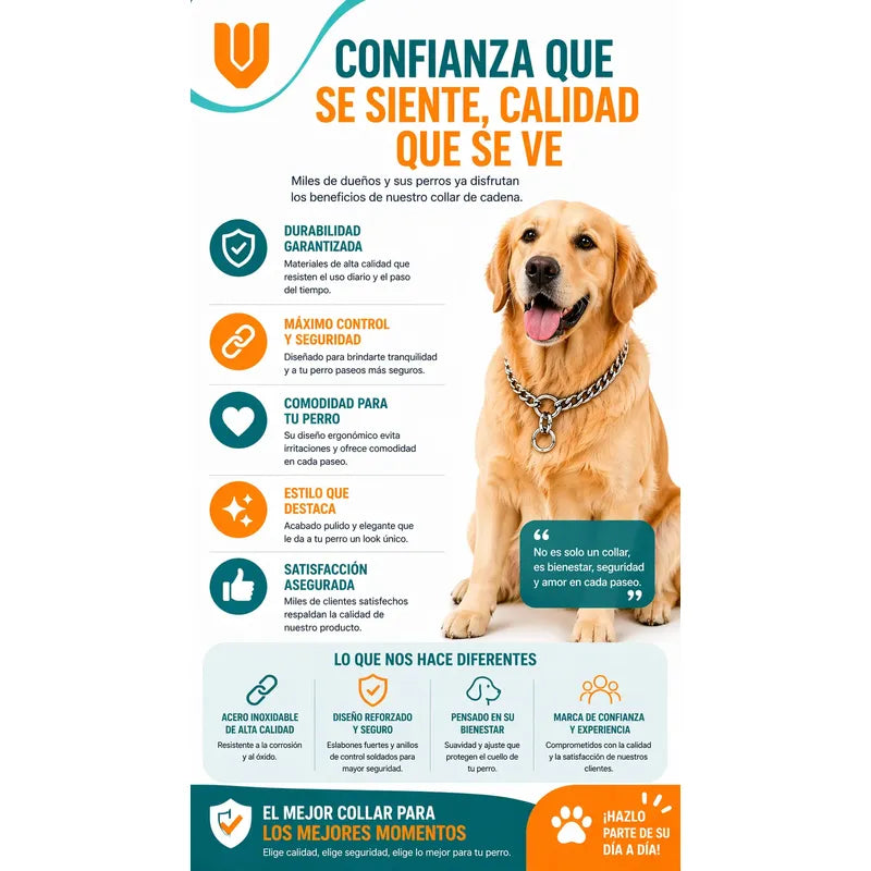 Collar Metalico Fuerte Argolla Seguridad Paseo Firme Mascota Plateado 50cm