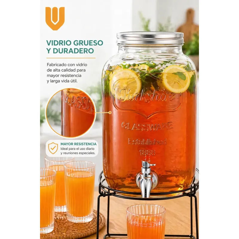 Dispensador Frasco Jugo Agua 5l + Set 6 Vasos Vidrio Tallado Transparentes