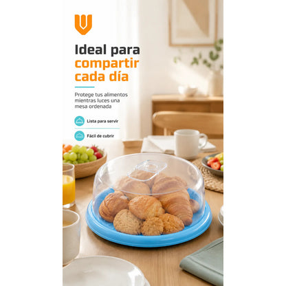 Base Tortas Bandejas Porta Cupcakes Soporte Dulces Azul Transparente Tapa Cristalina Asa Transparente Acabado Brillante Diseño Neutro Elegante Cocina Hogares Pequeño