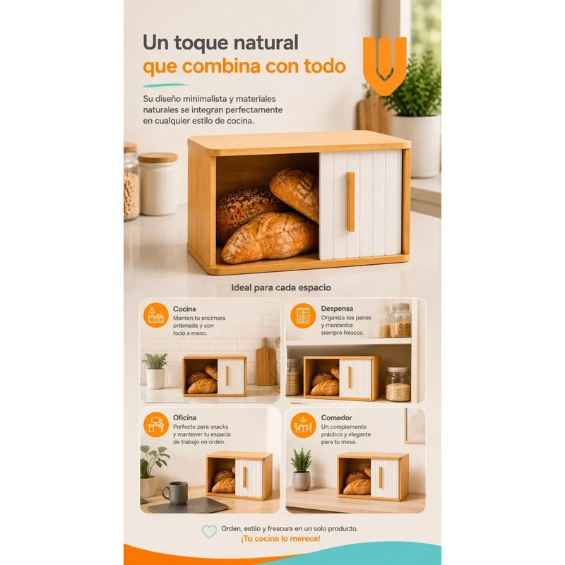 Panadera Caja Madera Bambu Tapa Enrollable Grande Multiuso Bambu Natural Beige Madera Clara Arena Nordic Organico Calido Rustico Minimalista Elegante Premium Cocina Hogar Panera Bambu Enrollable...