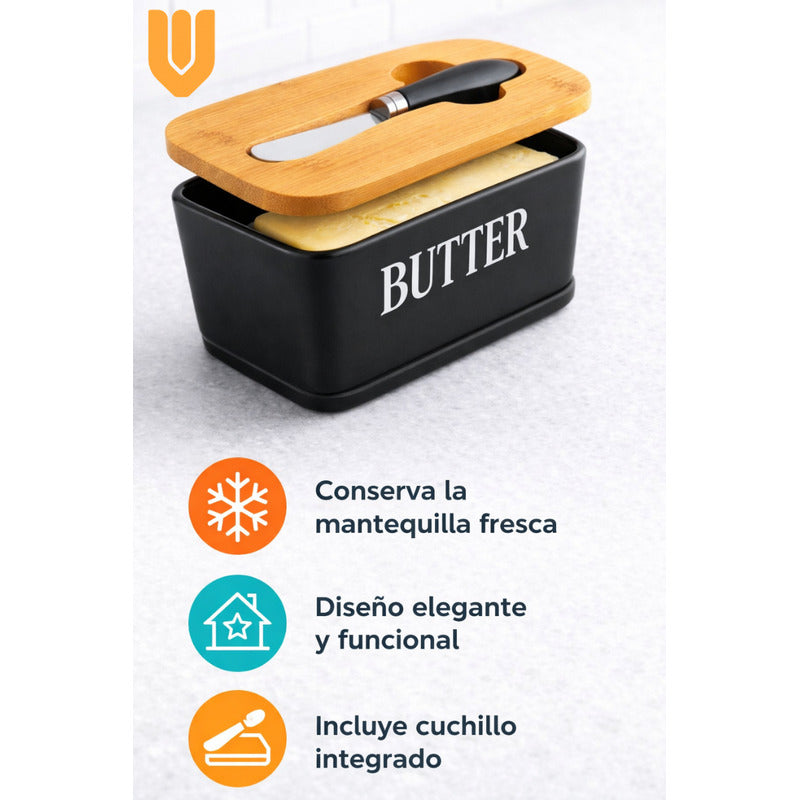 Mantequillero Ceramica Tapa Bambu Cuchillo Mantequilla Bambu