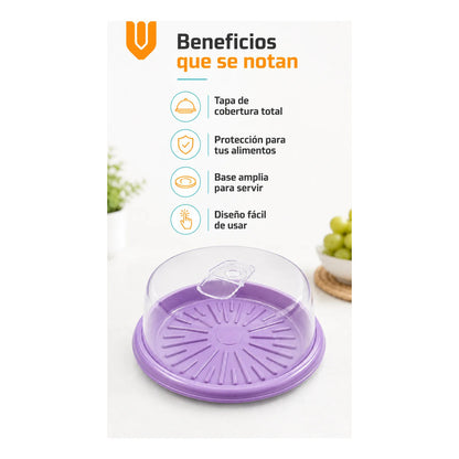 Base Tortas Bandejas Porta Cupcakes Soporte Dulces Lila Pastel Base Lila Tapa Transparente Asa Cristalina Acabado Brillante... Pequeño Diámetro 30cm Largo 31cm Ancho 30cm Formato Circular Compacto...