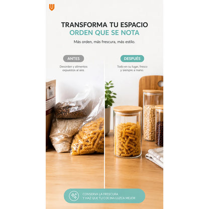Frasco Vidrio Hermetico Bambu Conservero Hogar Cocina 300 Ml 5 Unidades Transparente Natural Bambú Cristal Claro Minimalista Cocina Gourmet Organizacion Moderna Elegante Premium