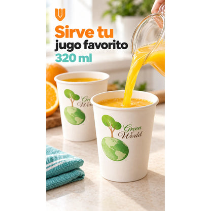 20und Vasos Carton Desechables 320ml Cafe Compostables Jugo Blanco Desechables Biodegradables 320 Ml 20 Unidades Blanco Estampado Verde Árbol Globo Terráqueo Apilables 20und-320ml