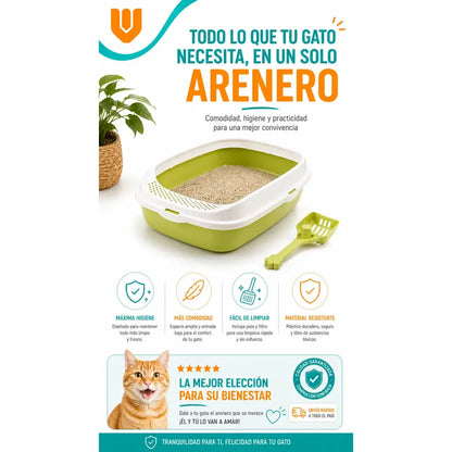 Arenero Gato Bandeja Arena Borde Alto Higiene Facil Pala Mul Verde
