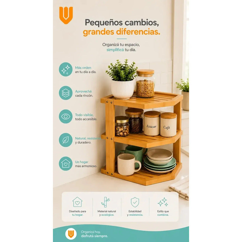Almacenador 3 Niveñes Cocina Baño Espacios Reducidos Hogar M Marron Claro Bambu Natural Nordico Minimalista Elegante Moderno Cocina Baño Hogar Compacto Premium