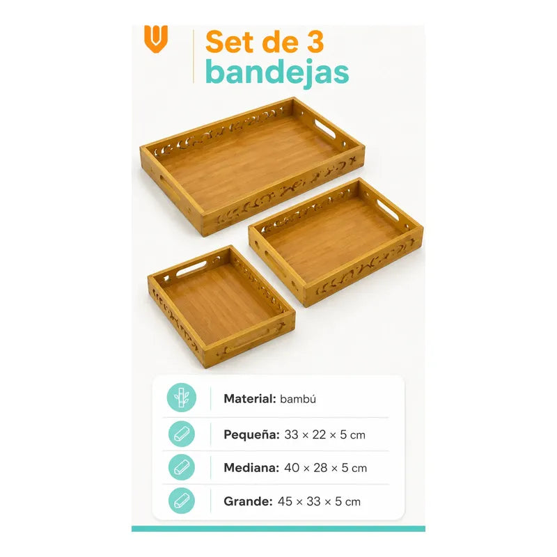 Set 3 Bandejas Desayuno Rectangular Bambú Servir Decorativas Set 3 Bandejas Bambú Rectangulares Asas Laterales Bordes Diseño Calado Apilables Servicio Hogar Cocina Set 3 Bandejas Desayuno