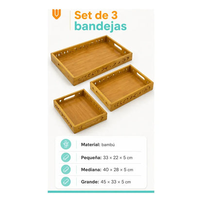 Set 3 Bandejas Desayuno Rectangular Bambú Servir Decorativas Set 3 Bandejas Bambú Rectangulares Asas Laterales Bordes Diseño Calado Apilables Servicio Hogar Cocina Set 3 Bandejas Desayuno