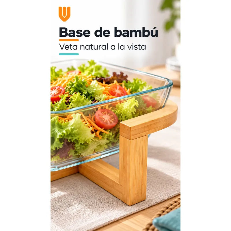 Bowl Vidrio Ensaladera Cuadrada Base Madera Bambu 20cm Transparente Base Bambu Bowl Cuadrado Vidrio Transparente Base Bambú Natural Soporte Cruzado Ensaladera Mesa Cocina 20cm