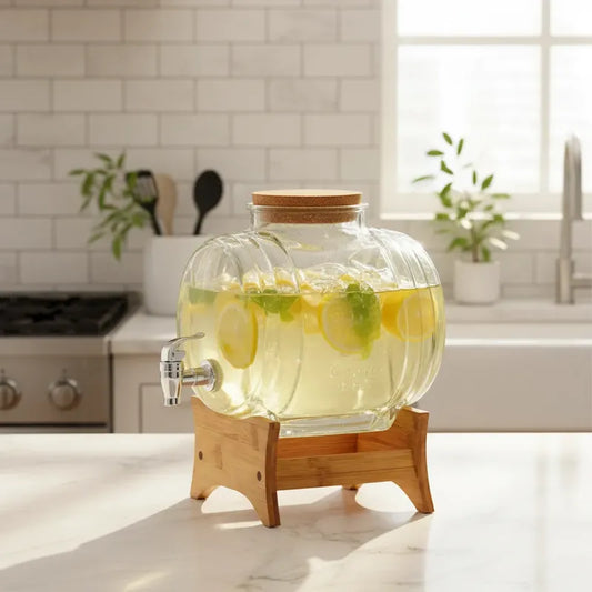 Dispensador Jugo Vidrio Bambu Bebidas Hogar Elegante 5.5 Lit Bambu Natural Vidrio Transparente Estilo Nordic Cocina Hogar Mesa Elegante Minimalista Decoracion Eventos Bebidas