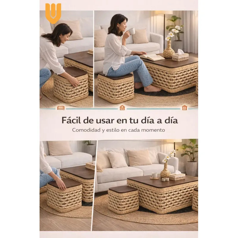 Mesa Centro Pequeña Ratan Puf Diseño Natural Living Hogar To Tono Natural Marron Claro Estilo Organico Acabado Calido Textura Ratan Visible Combinacion Madera Look Decorativo Elegante Ambiente