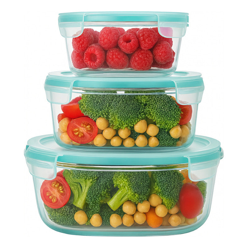 Set 3 Tuppers Vidrio Hermético Microondas Freezer Cocina