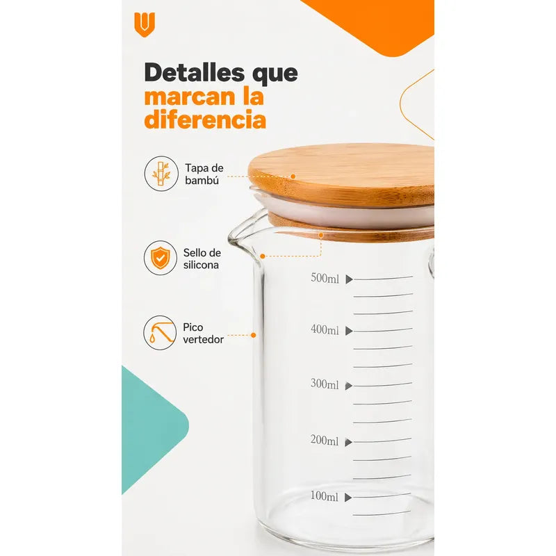 X2 Taza Medidora De Vidrio Jarra Vidrio Con Tapa Medidora Transparente/ 500ml