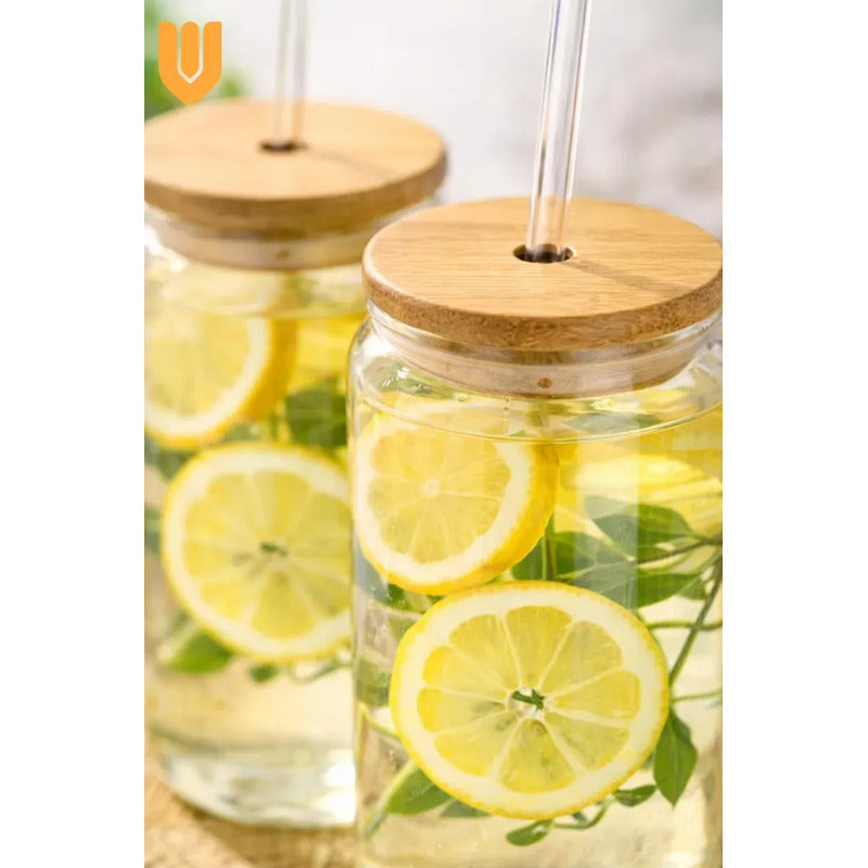 Set 2 Vasos Vidrio 630ml Tapa Bambu Bombilla Cristal Bebidas Frias Jugo Te Helado Cafe Frio Smoothie Limonada Refrescos Uso Diario Hogar Cocina Regalo Decorativo Estilo Moderno
