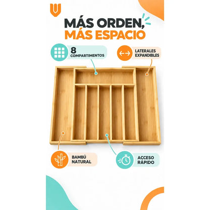 Organizador Cubiertos Cajón Bambú Expandible 8 Compartimento Organizador Cubiertos Bambú Expandible Cajón Cocina Cubertero Bandeja Ajustable Portacubiertos Utensilios Orden Hogar
