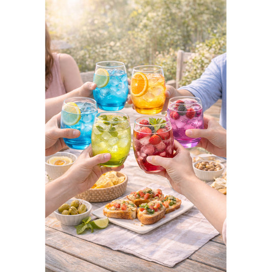 Set 6 Vasos Vidrio Base Multicolor Jugos Cocteles Agua 12cm Pack Seis Copas Cristal Base Colores 350ml Bebidas Frias Mesa Evento Cocina Altura 12cm Multicolor