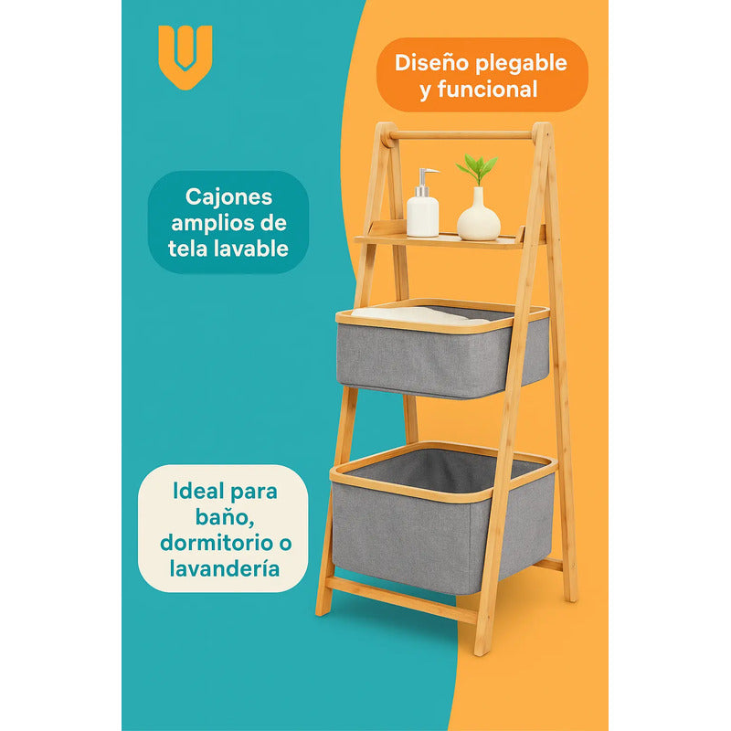 Estante Bambu Premium Cestos Tela Multiuso Baño Moderno Orga Marrón Claro