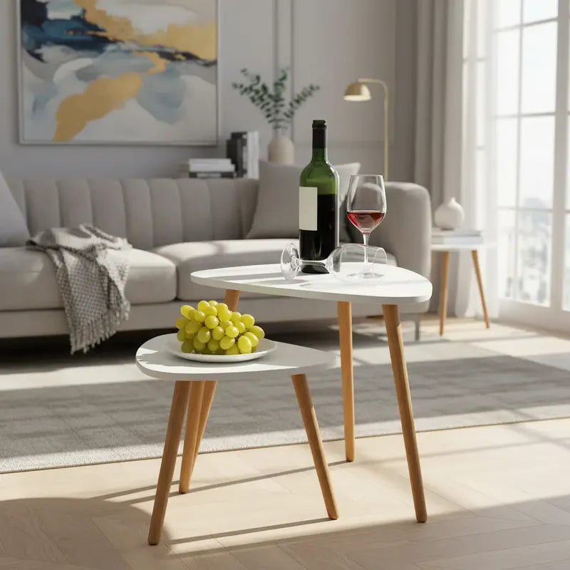 Set 2 Mesas Centro Nórdicas Blancas Mdf Madera Minimalistas Blanco