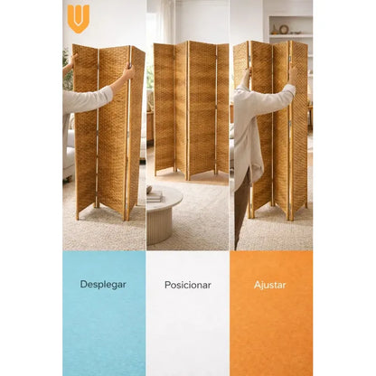 Biombo Divisor Ambientes Oficina Separador 4 Puertas 180 Cm Marron Claro Ratan Natural Tono Madera Beige Calido Decorativo Neutro Elegante Moderno Hogar Oficina Estilo Nordico Geometrico Ratan...